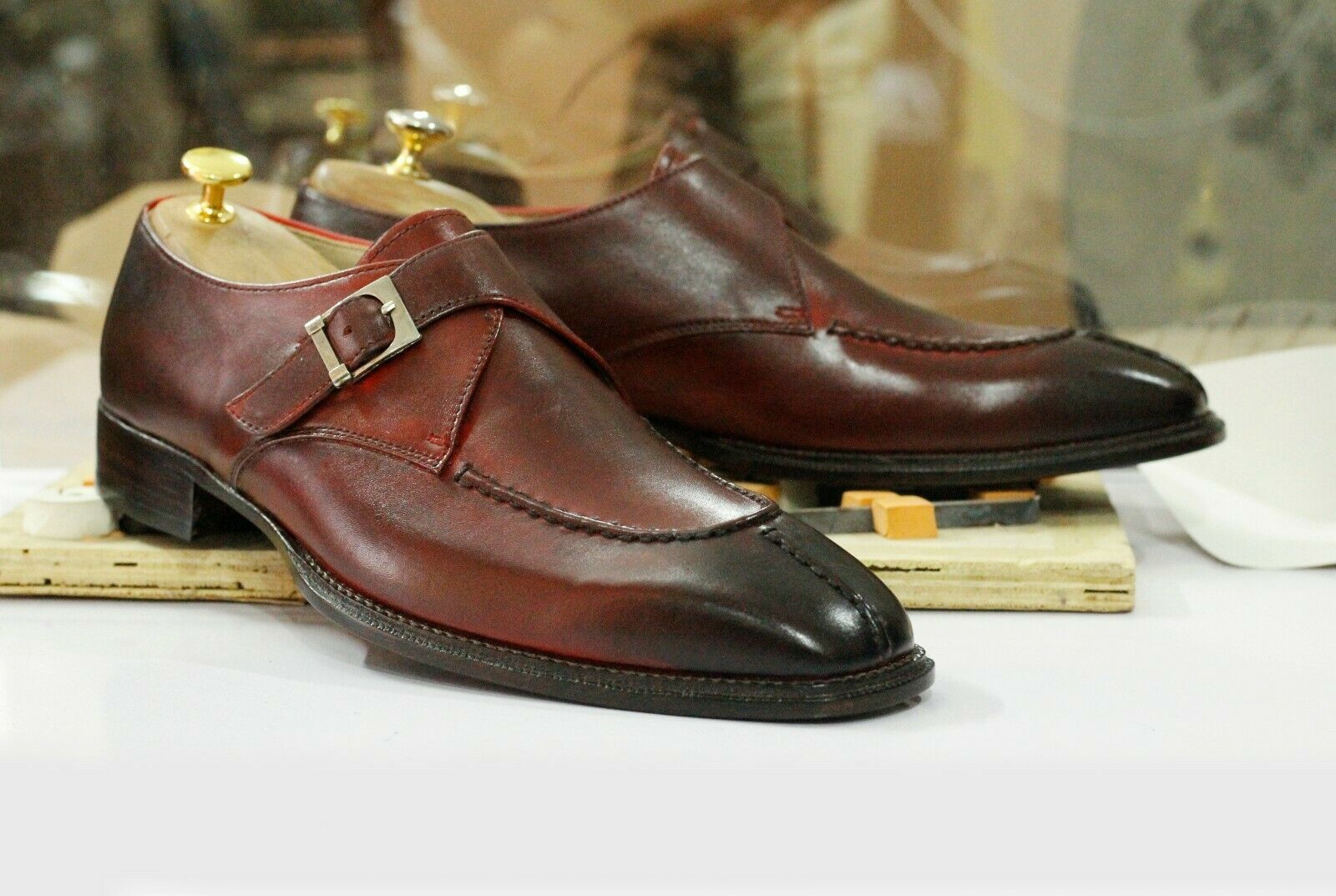 Handmade Men Burgundy Leather Split Toe Monk Strap Shoes