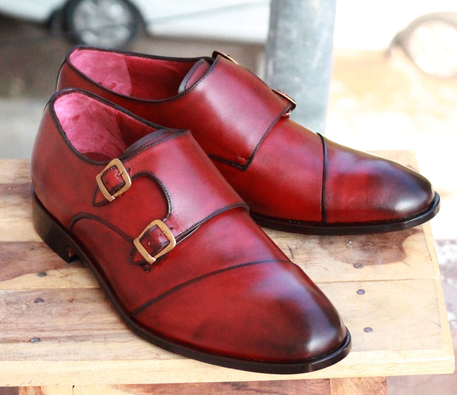 Handmade Men Burgundy WingTip Leather Double Monk Strap Shoes