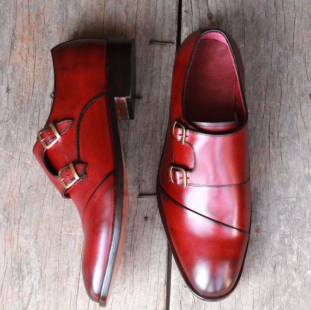 Handmade Men Burgundy WingTip Leather Double Monk Strap Shoes