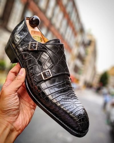 Handmade Men's Black Cowhide Leather Crocodile Embossed Double Monk Dress Shoes