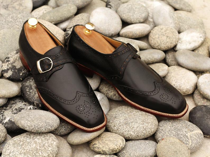 Handmade Men's Black Leather Wing Tip Brogue Monk Strap Shoes, Men Dress Shoes