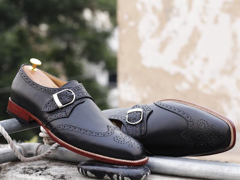 Handmade Men's Black Leather Wing Tip Brogue Monk Strap Shoes, Men Dress Shoes