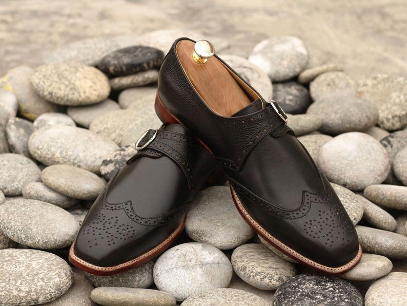 Handmade Men's Black Leather Wing Tip Brogue Monk Strap Shoes, Men Dress Shoes