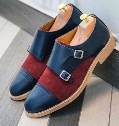 Handmade Men's Blue Cowhide Leather Red Suede Double Monk Strap Shoes For Men