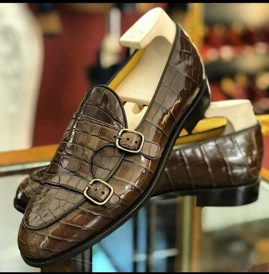 Handmade Men's Brown Cowhide Crocodile Textured Leather Monk Loafer Shoes