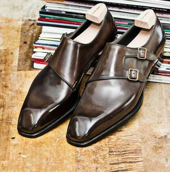 Handmade Men's Brown Cowhide Leather Double Monk Chiseled Toe Dress Formal Shoes