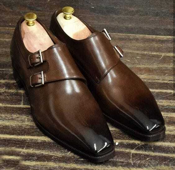 Handmade Men's Brown Cowhide Leather Double Monk Chiseled Toe Dress Formal Shoes