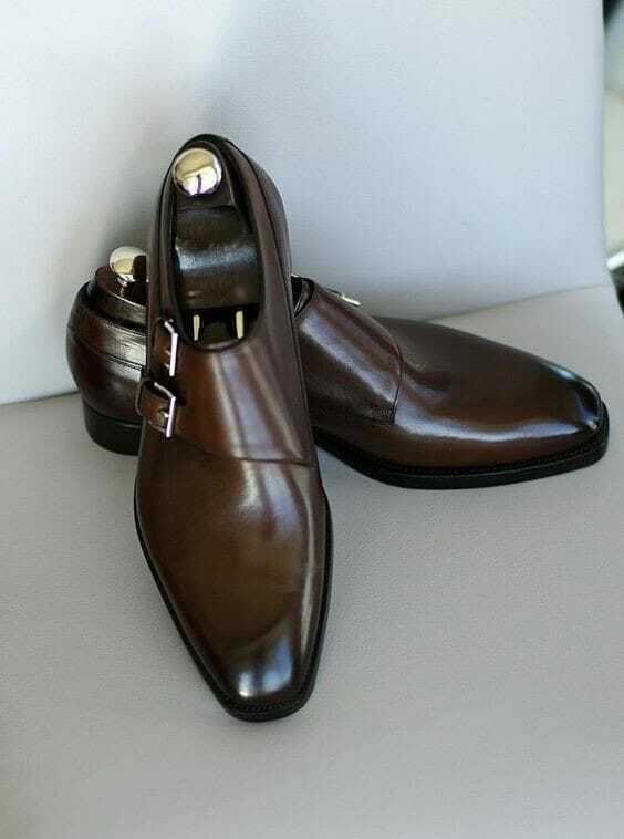 Handmade Men's Brown Cowhide Leather Plain Toe Double Monk Dress Formal Shoes