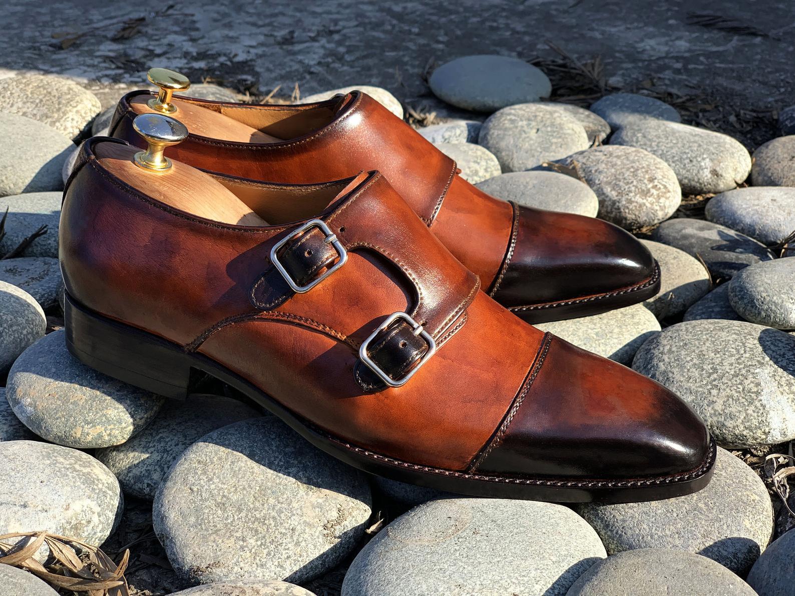 Handmade Men's Brown Leather Double Monk Strap Shoes, Men Cap Toe Dress Shoes