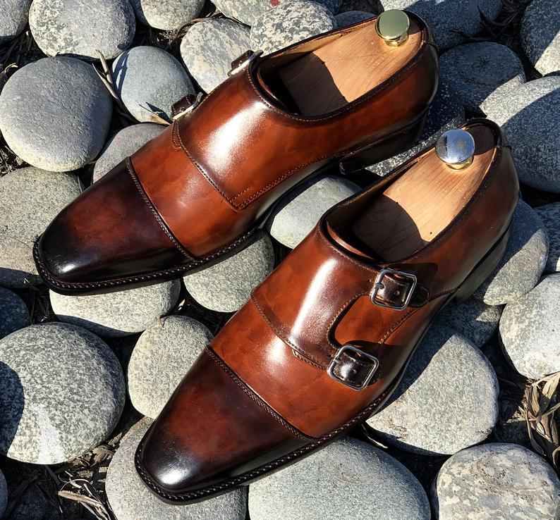 Handmade Men's Brown Leather Double Monk Strap Shoes, Men Cap Toe Dress Shoes