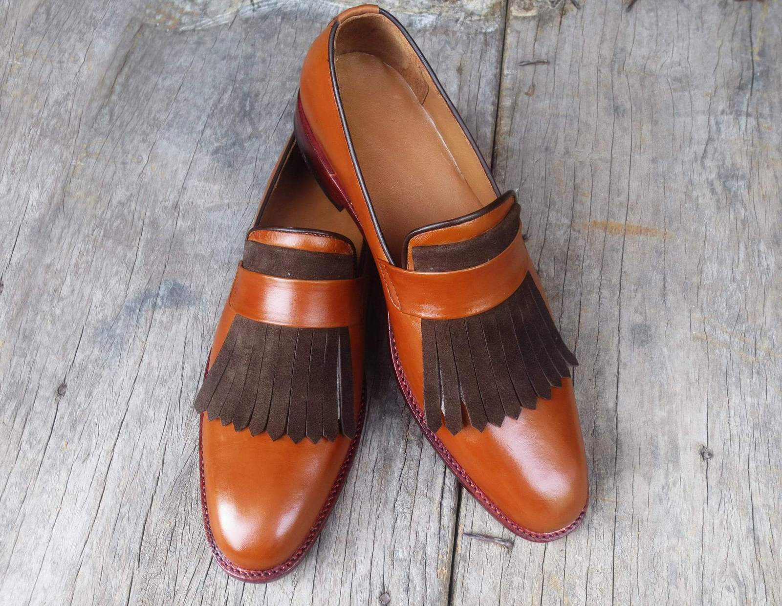 Handmade Men's Brown Leather Suede Fringes Loafer Shoes, Men Dress Formal Shoes