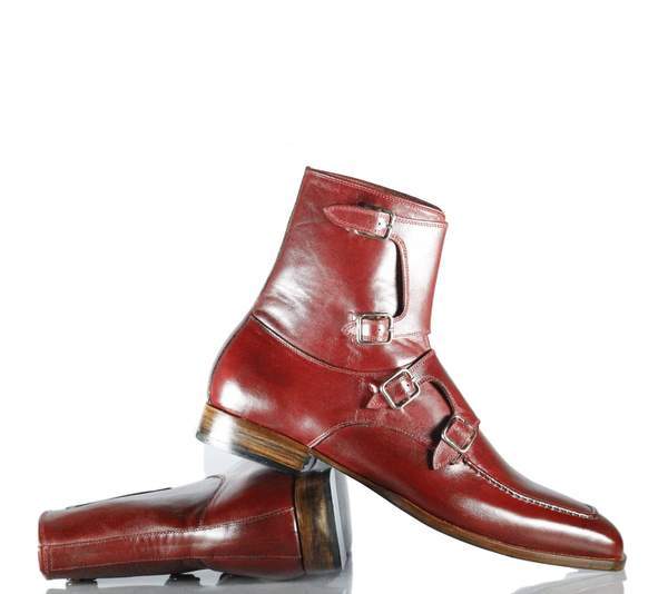 Handmade Men's Burgundy Leather Quad Monk Strap Boots, Men Ankle Fashion Boots