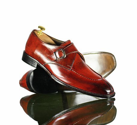 Handmade Men's Burgundy Leather Split Toe Monk Strap Shoes