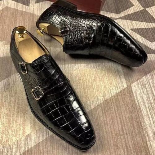 Handmade Men's Cowhide Black Leather Crocodile Embossed Double Monk Dress Shoes