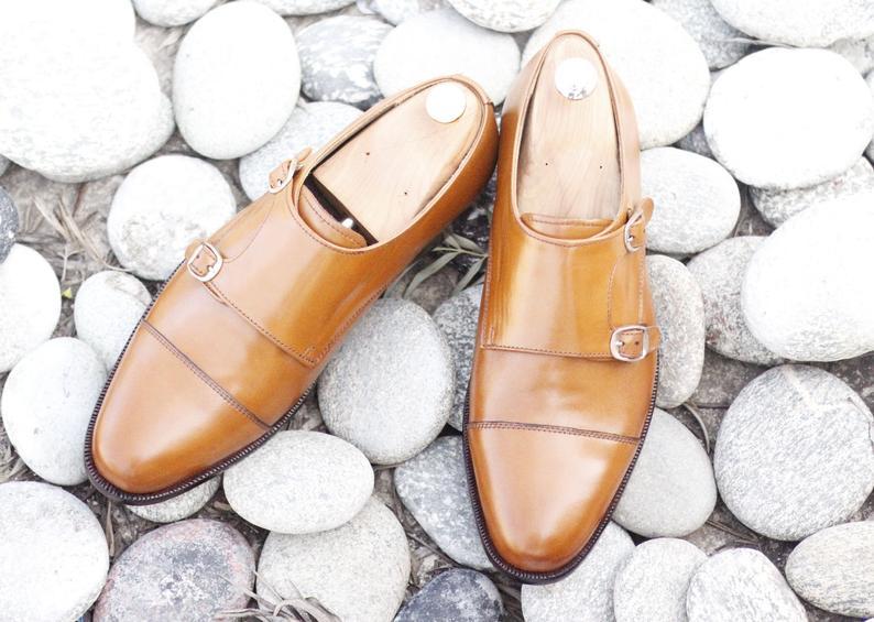 Handmade Men's Leather Tan Color Double Monk Strap Shoes