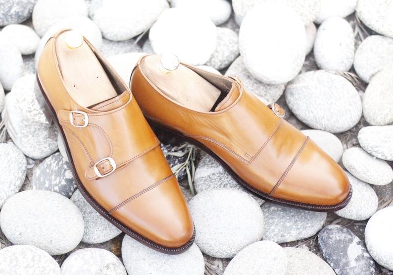 Handmade Men's Leather Tan Color Double Monk Strap Shoes