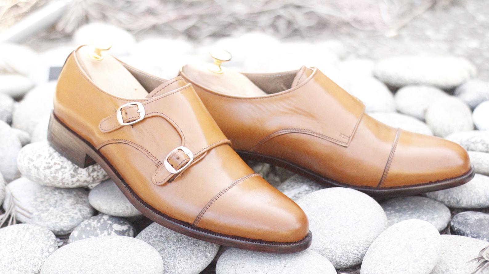 Handmade Men's Leather Tan Color Double Monk Strap Shoes