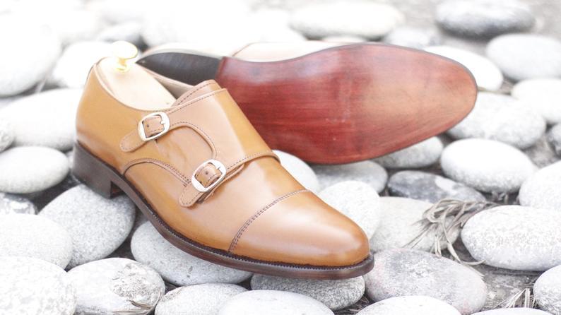 Handmade Men's Leather Tan Color Double Monk Strap Shoes