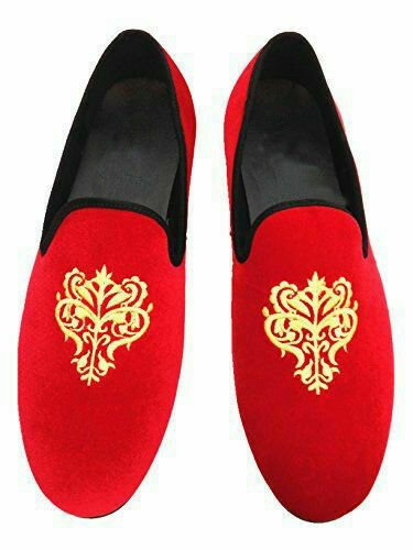 Handmade Men's Red Velvet Golden Embroidered Slip Ons Loafer Shoes