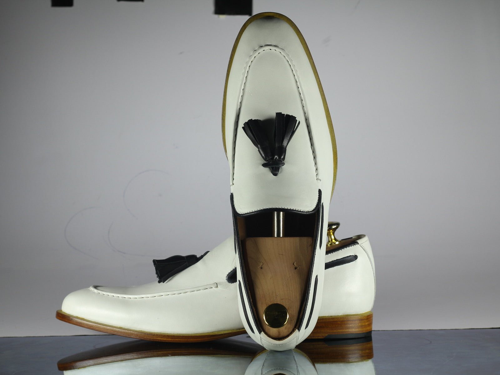 Handmade Men's White Leather Tassel Dress Loafers, Men Designer Formal Shoes