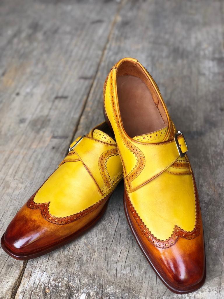 Handmade Mens Yellow Brown Wing Tip Leather Monk Strap Shoes, Men Designer Shoes