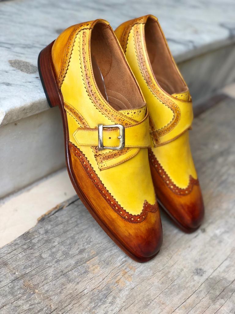 Handmade Mens Yellow Brown Wing Tip Leather Monk Strap Shoes, Men Designer Shoes