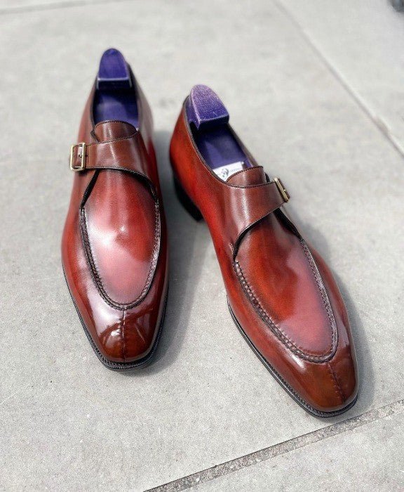 Handmade monk strap shoes burgundy patina original leather formal wear men shoes