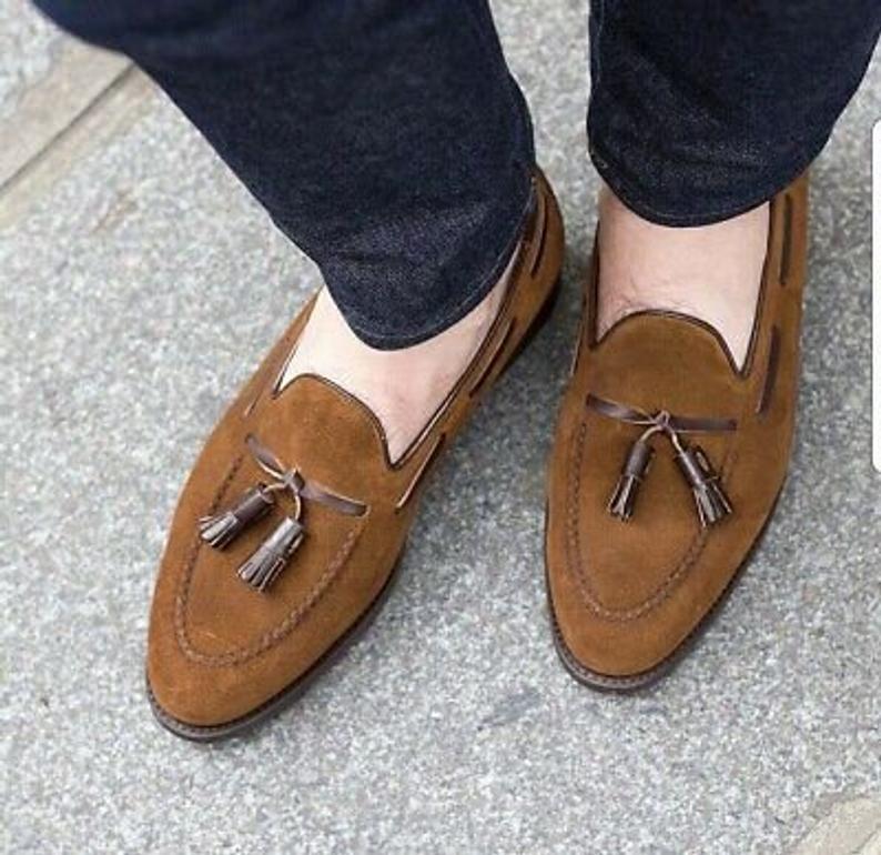 Handmade Pure Dark Camel Suede Leather Stylish Tassel Loafer Shoes