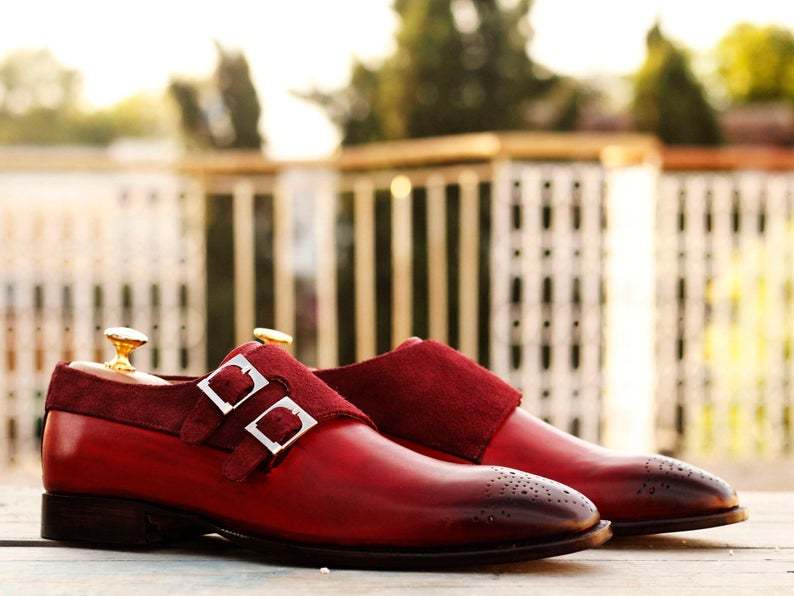 Handmade Pure Leather Suede Burgundy Double Monk Strap Brogue Toe Dress Shoe