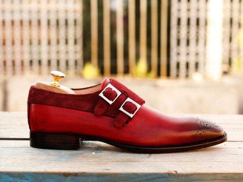 Handmade Pure Leather Suede Burgundy Double Monk Strap Brogue Toe Dress Shoe