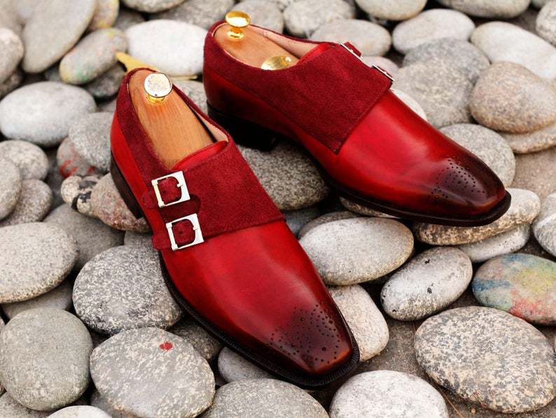 Handmade Pure Leather Suede Burgundy Double Monk Strap Brogue Toe Dress Shoe