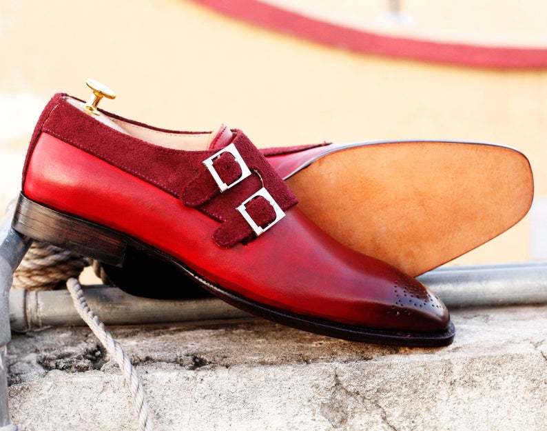 Handmade Pure Leather Suede Burgundy Double Monk Strap Brogue Toe Dress Shoe