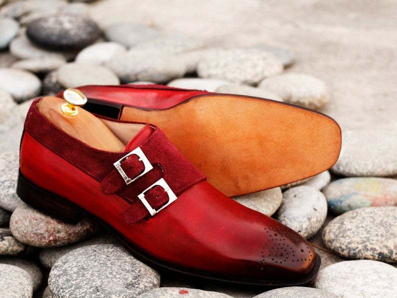 Handmade Pure Leather Suede Burgundy Double Monk Strap Brogue Toe Dress Shoe