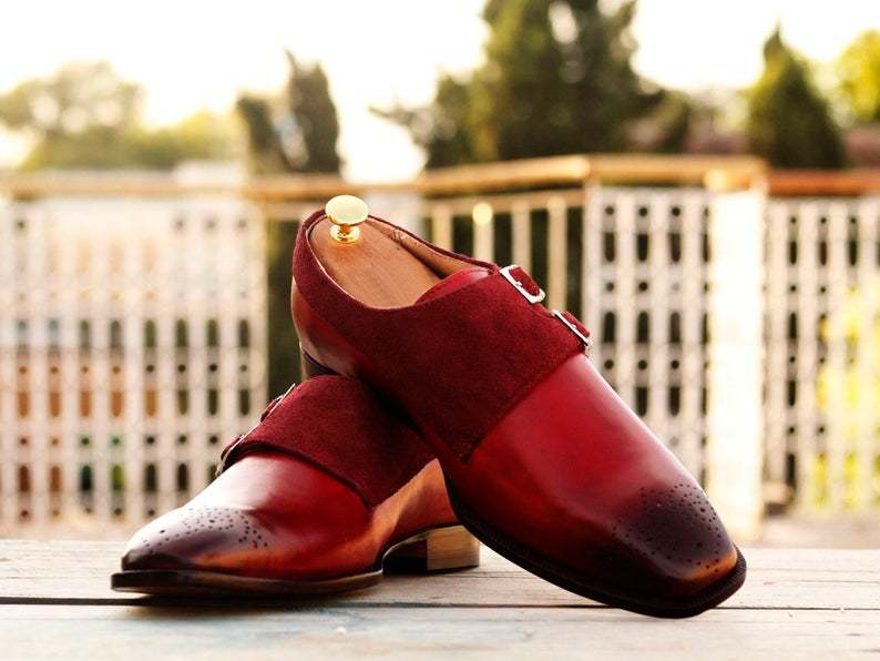 Handmade Pure Leather Suede Burgundy Double Monk Strap Brogue Toe Dress Shoe