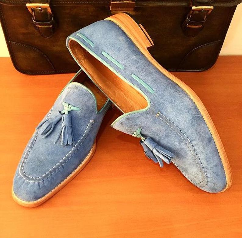 Handmade Pure Sky Blue Suede Leather Stylish Tassel Loafer Shoes