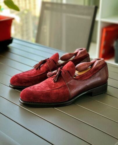 Handmade red suede and leather dress moccasin, tassel dress shoes