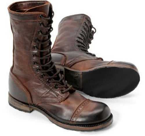 Commando's Distressed Brown Lace Up Combat Long High Leather Ankle Boots For Men