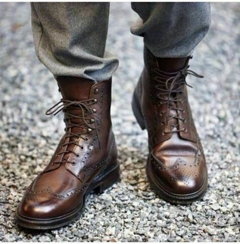 Handmade MEN Boots Brogue Wingtip Ankle Brown Leather Formal Combat Casual Shoes