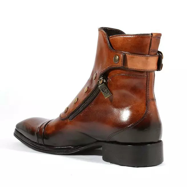 Handmade Men Brown Leather Side Zipper, Buttons High Ankle Formal Boots