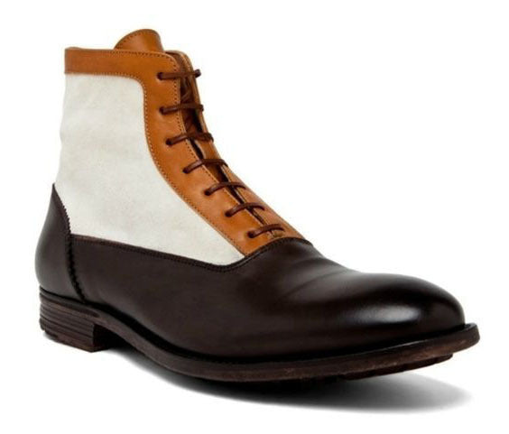 Handmade Men's 2 Tone Brown White Leather boot, Lace up Cap Toe Ankle High