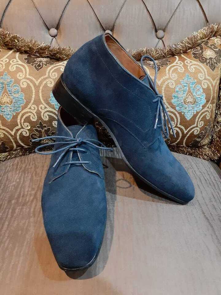 Handmade Men's Blue Chukka Suede Leather Shoes Lace Up Square Toe Ankle Boots