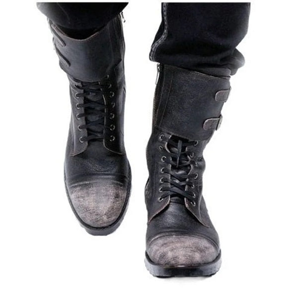 High Lace-Up With Buckle Strap Fastening Handmade Combat Premium Leather Cap Toe