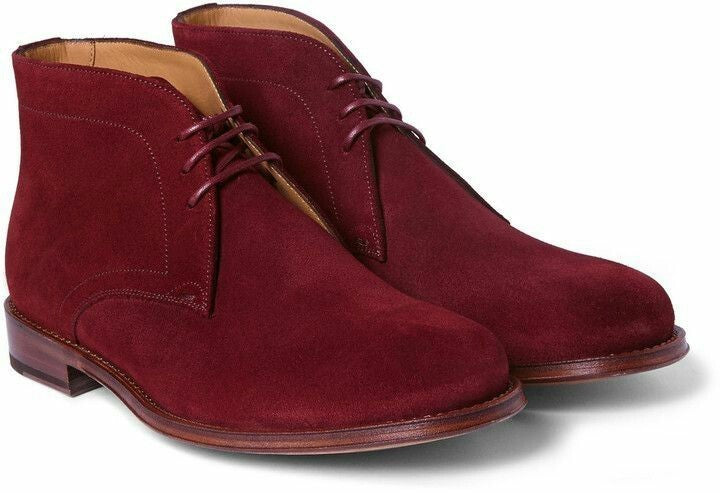 Maroon Red Chukka Suede Leather Handmade Stylish Lace Up Rounded Toe Men Boots