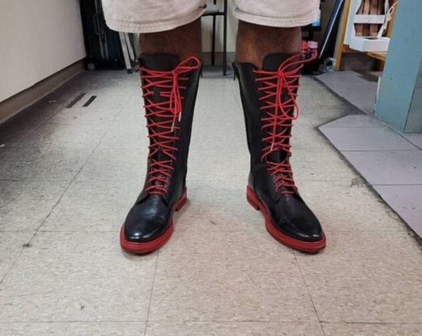 Men long military Style burgundy Long High Ankle Genuine Leather Lace Up Combat