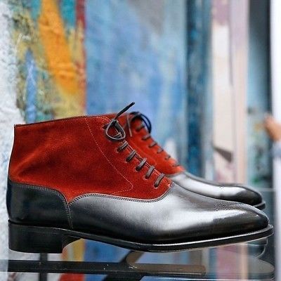 Red Black Color Leather Lace Up Plain Toe Men Stylish Chukka Boots