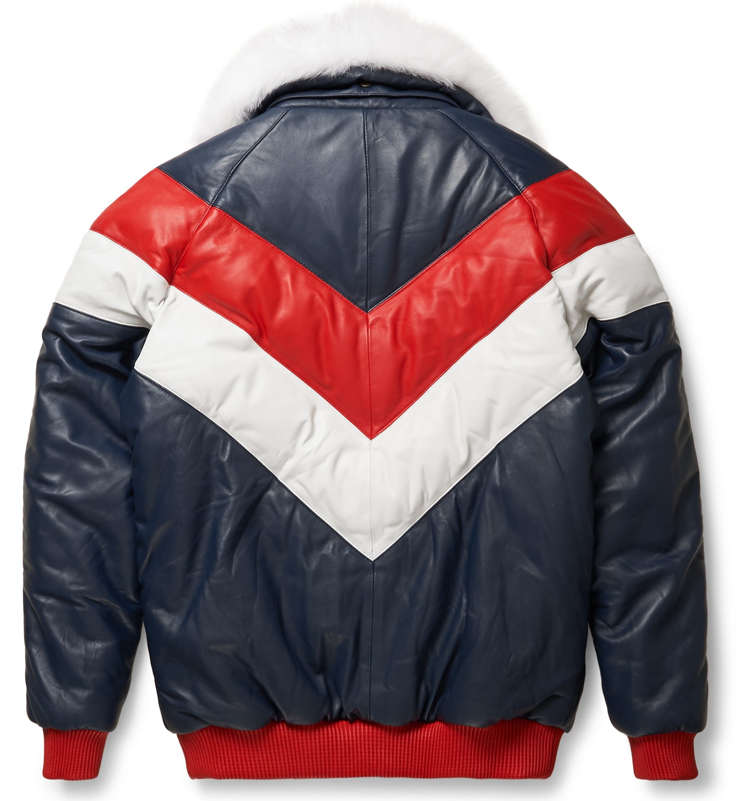 Stylish Two-Tone Leather V-Bomber Jacket - Trendy Bubble Design