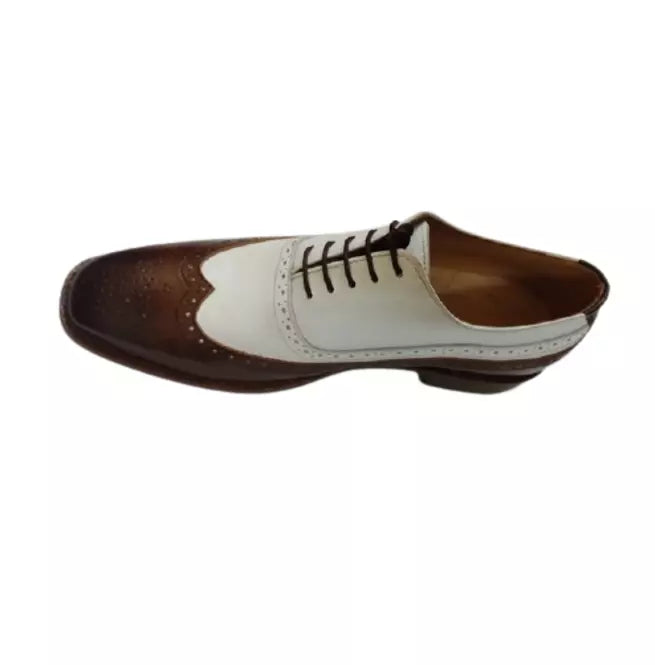 Brown & White Leather Formal Wing Tip Brogue Lace Up Dress Shoes For Men