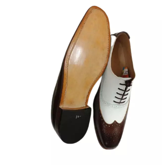 Brown & White Leather Formal Wing Tip Brogue Lace Up Dress Shoes For Men