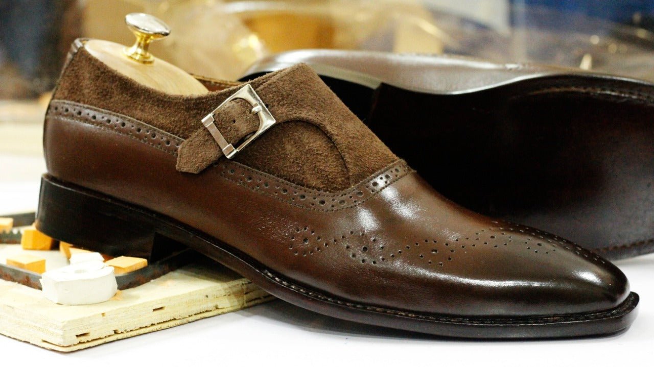 Handmade Men Brown Leather Suede Brogue Monk Strap Shoes