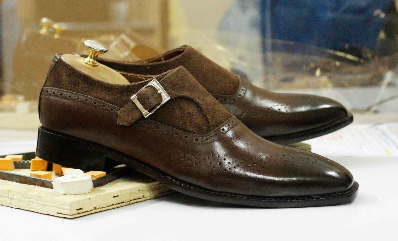 Handmade Men Brown Leather Suede Brogue Monk Strap Shoes